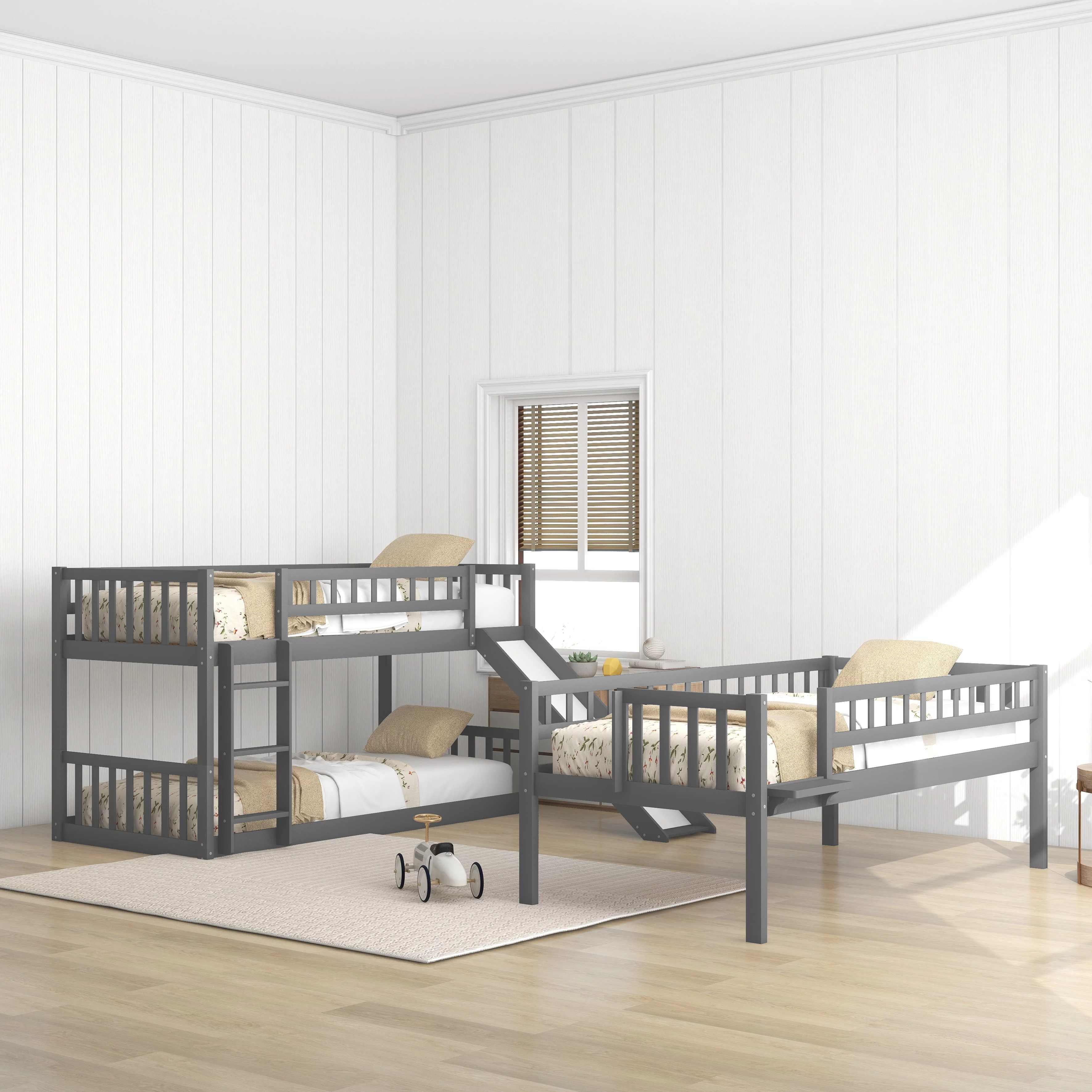 Bellemave Triple Bunk Bed with Slide, Wood Twin over Twin over Twin 3 Bunk Bed with 2 Built-In Ladders, Convertible Triple Beds for Kids, Teens, Boys & Girls (Gray)