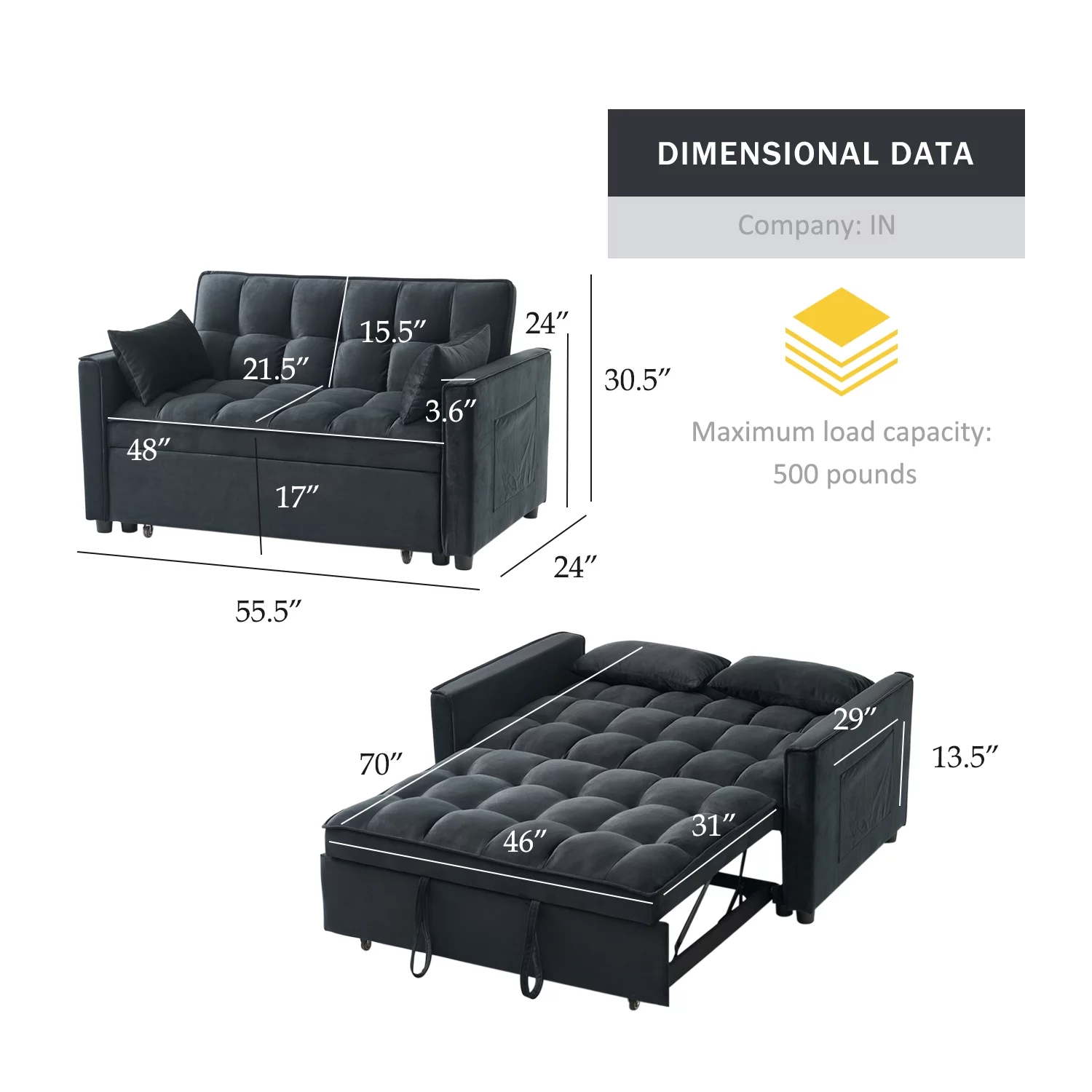 Tzicr 55.5'' 3-in-1 Convertible Sleeper Sofa Bed, Modern Velvet Loveseat Futon Couch Pullout Bed with Adjustable Backrest, Side Storage Pockets and Pillows. (Black)