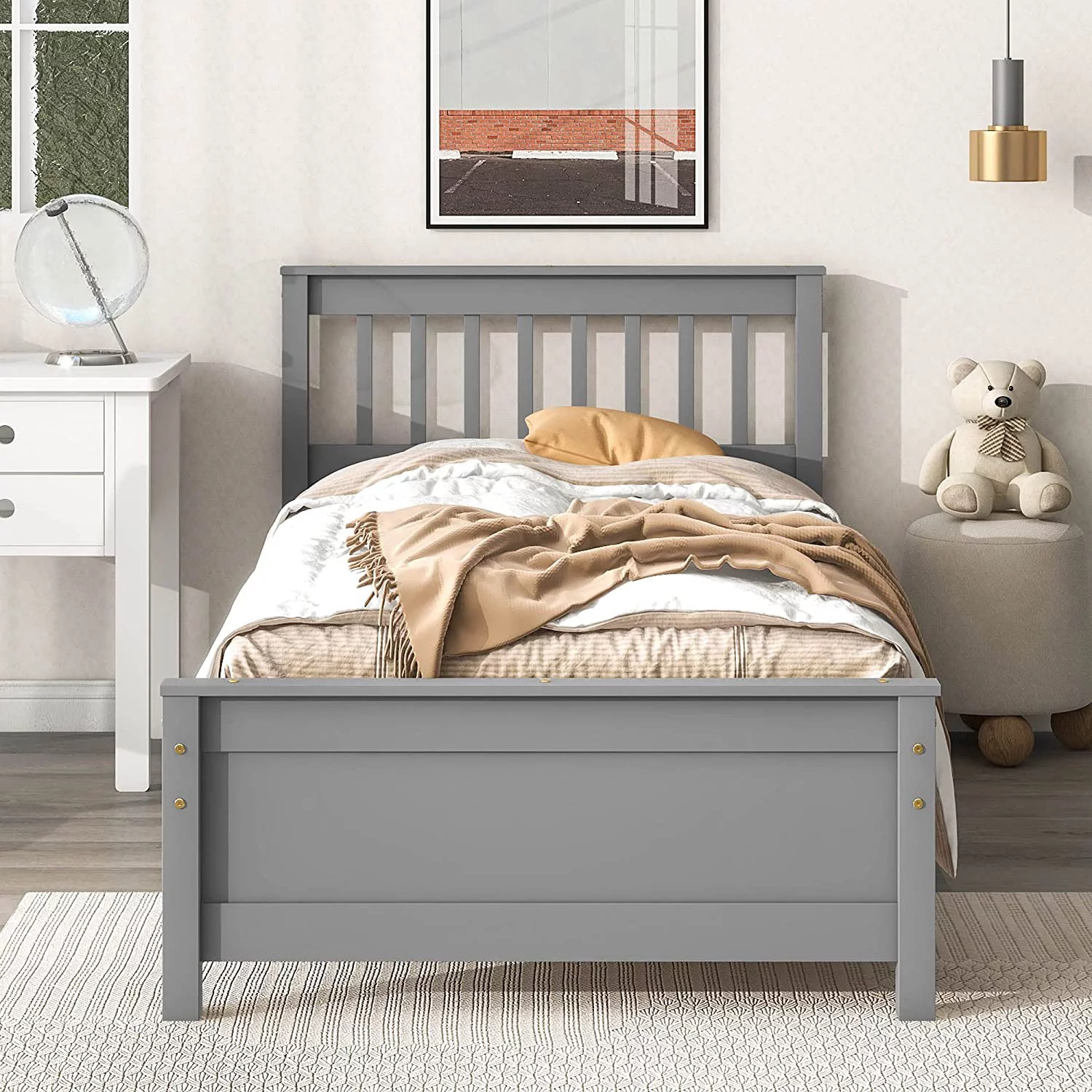 Full Bed Frame with Nightstand Full Size Bed Frame for Kids, Teens, Adults with Slats, Headboard & Footboard, Wood Full Size Platform Bed for Bedroom Small Living Space, No Box Spring Needed-White