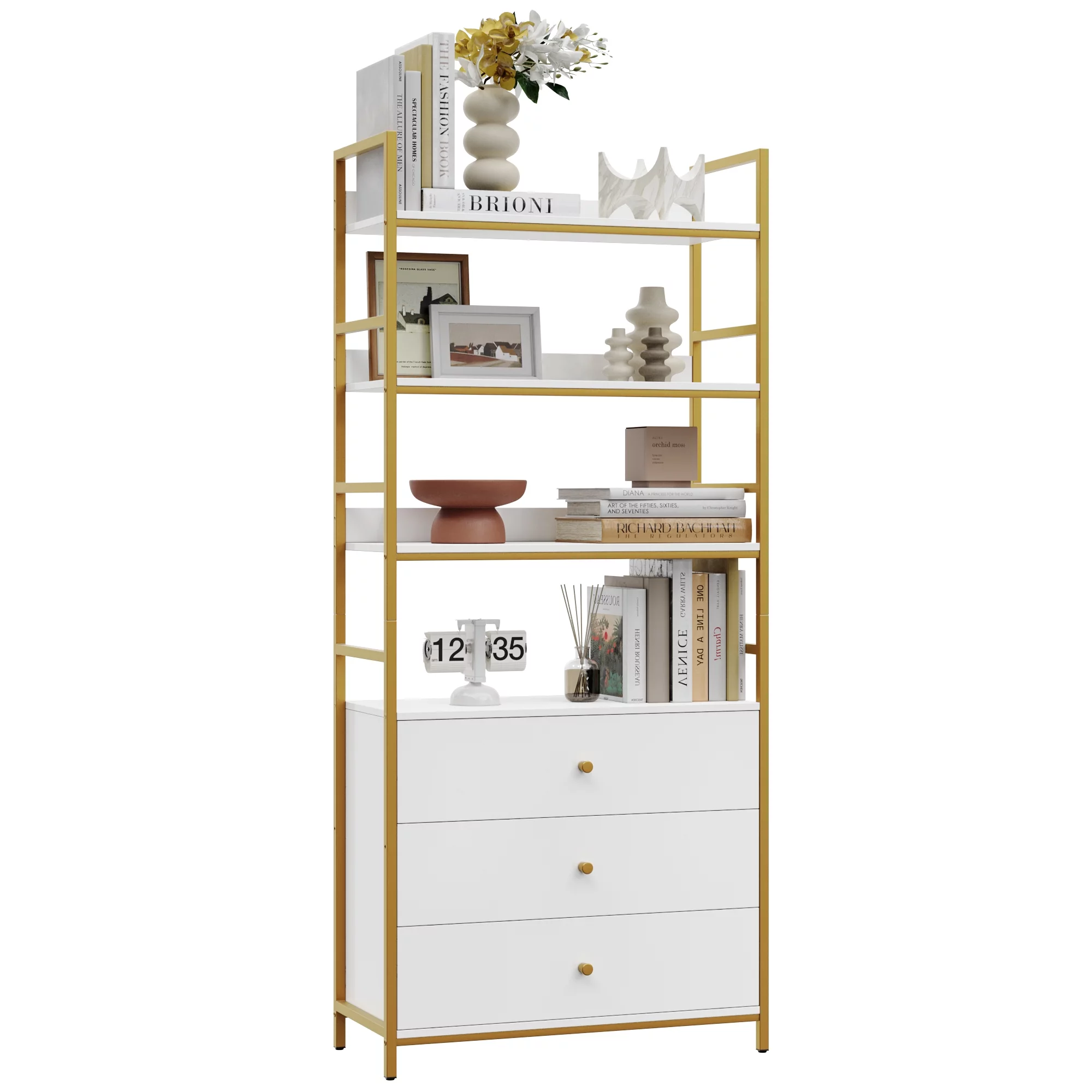 Homfa 4 Tier Gold Bookcase with 3 Drawers, Free Standing Bookshelf with Metal Frame for Office Study Room, White Finish