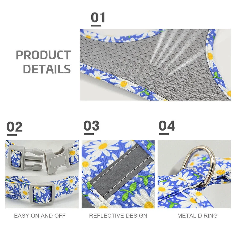 Floral Small Dog Harness and Leash Set Reflective Pet Cat Walking Vest Harnesses