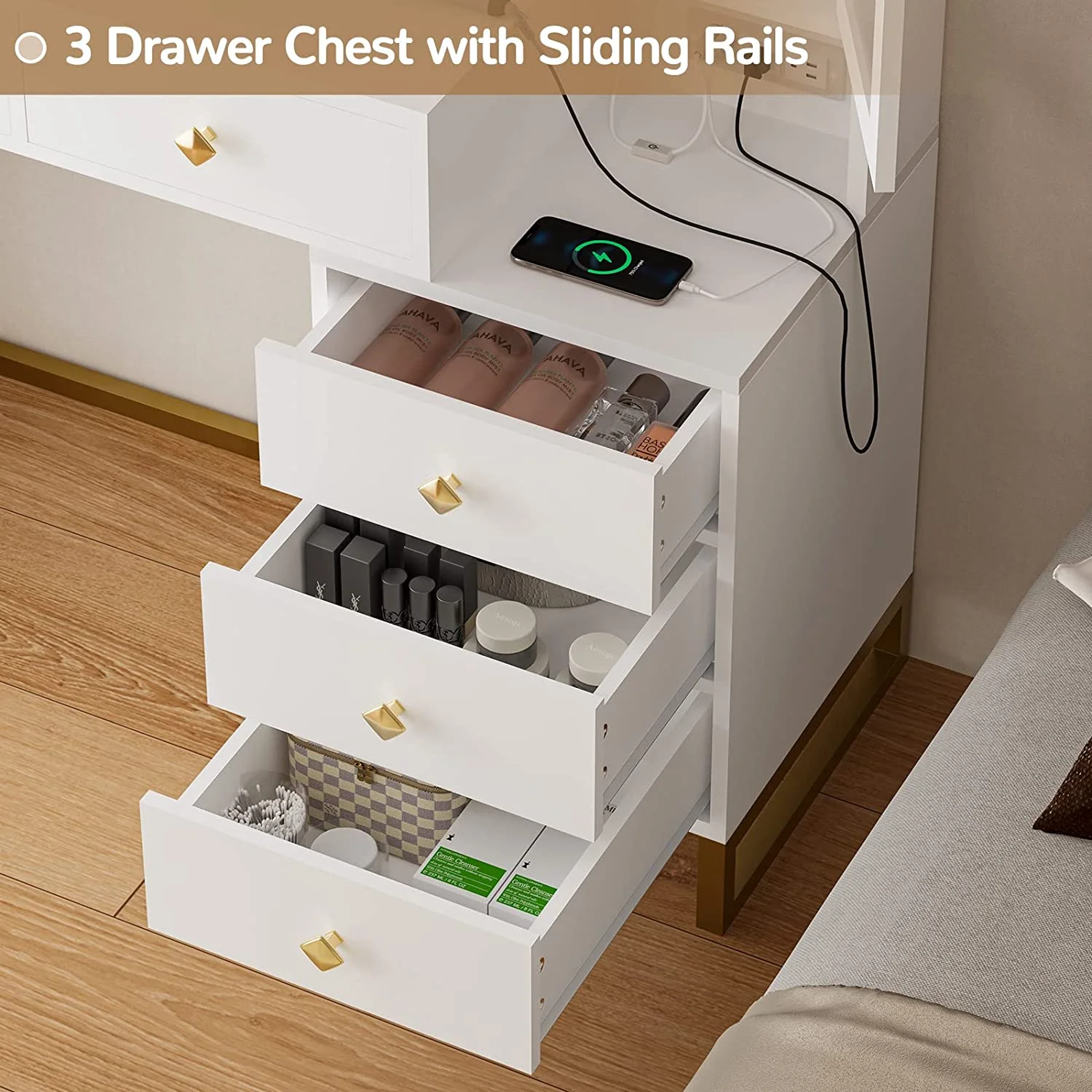 Tiptiper Makeup Vanity with Light Mirror and Charging Station, Vanity Desk with Storage Shelves, 5 Drawers, White