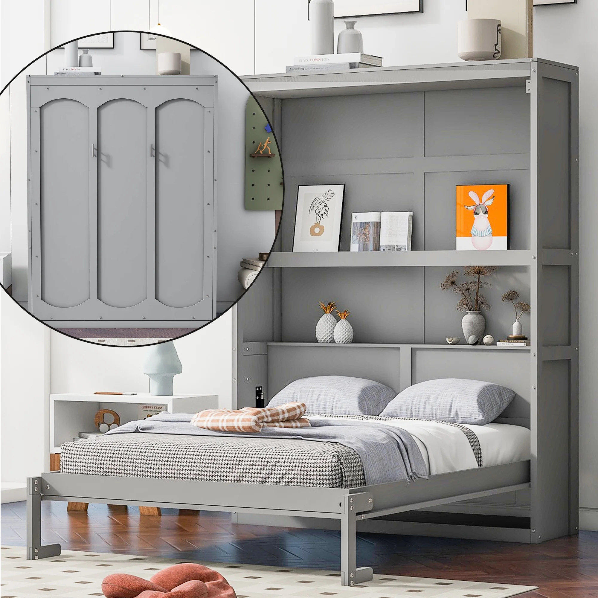 Bellemave Full Size Murphy Bed 68 Inch Wall Bed, Wood Space-Saving Foldable Cabinet Bed, Full Platform Bed Frame for Home Office Bedroom（Gray)