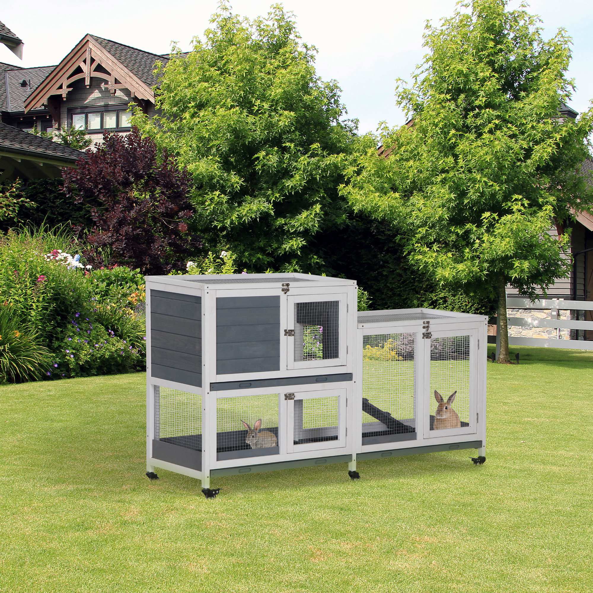 PawHut Wooden Rabbit Hutch Bunny Hutch Elevated Pet House Cage Small Animal Habitat with No Leak Tray Lockable Door Openable Top for Indoor 57.75