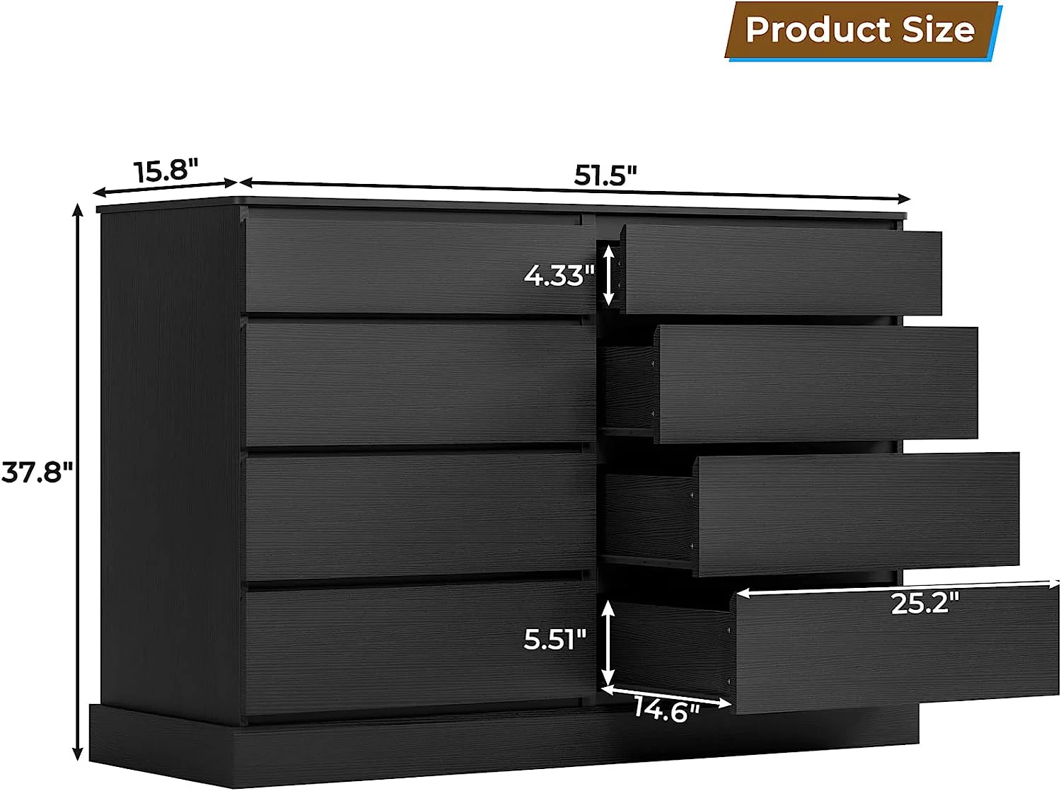 8 Drawers Double Dresser Wooden Black Dresser Chest of Drawers for Bedroom, Large Storage Cabinet for Home Living Room