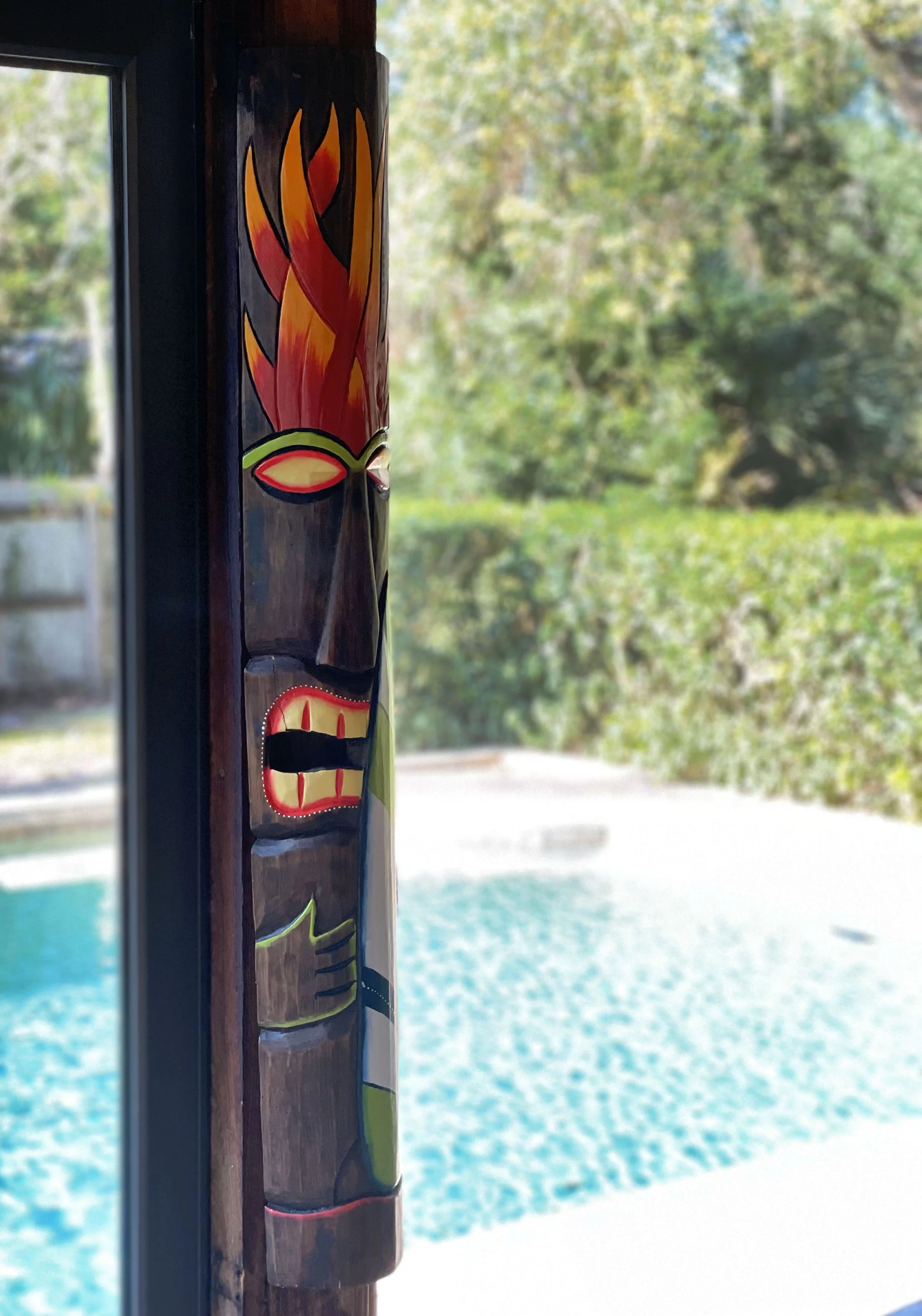 J.D. Yeatts Fire and Earth Carved Wood Surfer Tiki Wall Masks 39 inch (Set of 2)