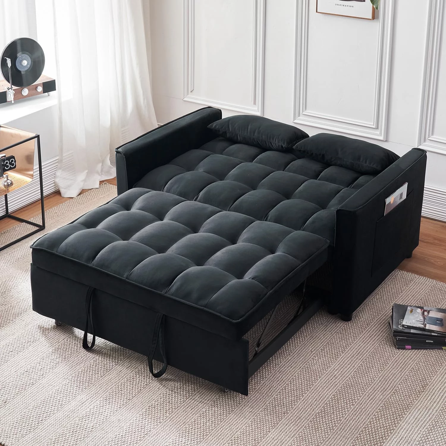 Tzicr 55.5'' 3-in-1 Convertible Sleeper Sofa Bed, Modern Velvet Loveseat Futon Couch Pullout Bed with Adjustable Backrest, Side Storage Pockets and Pillows. (Black)