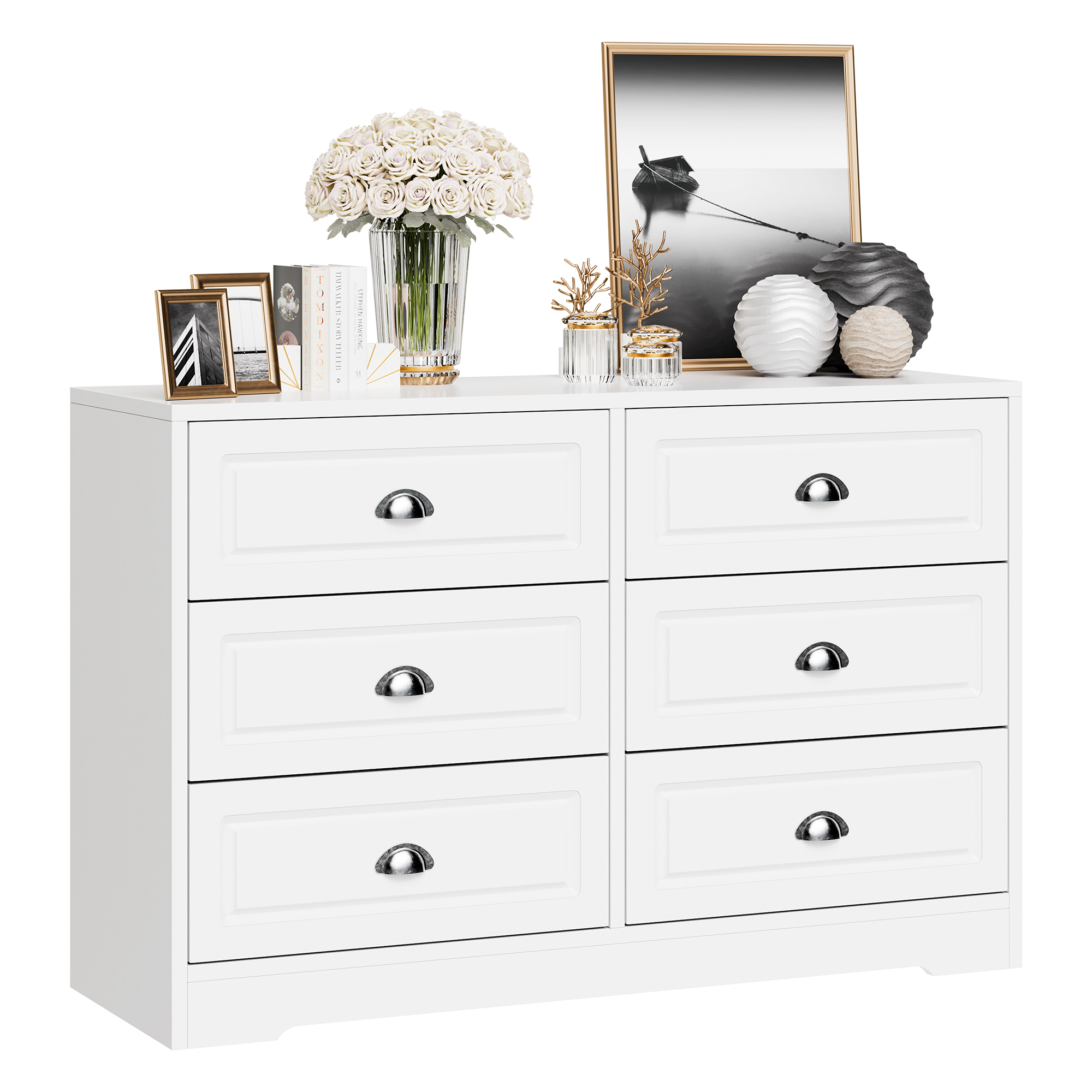 Walsunny 6 Drawer Double Dresser White Wooden Wide Chest of Drawers with Metal Handles Storage Organizer Dresser Nursery Dresser for Living Room Hallway