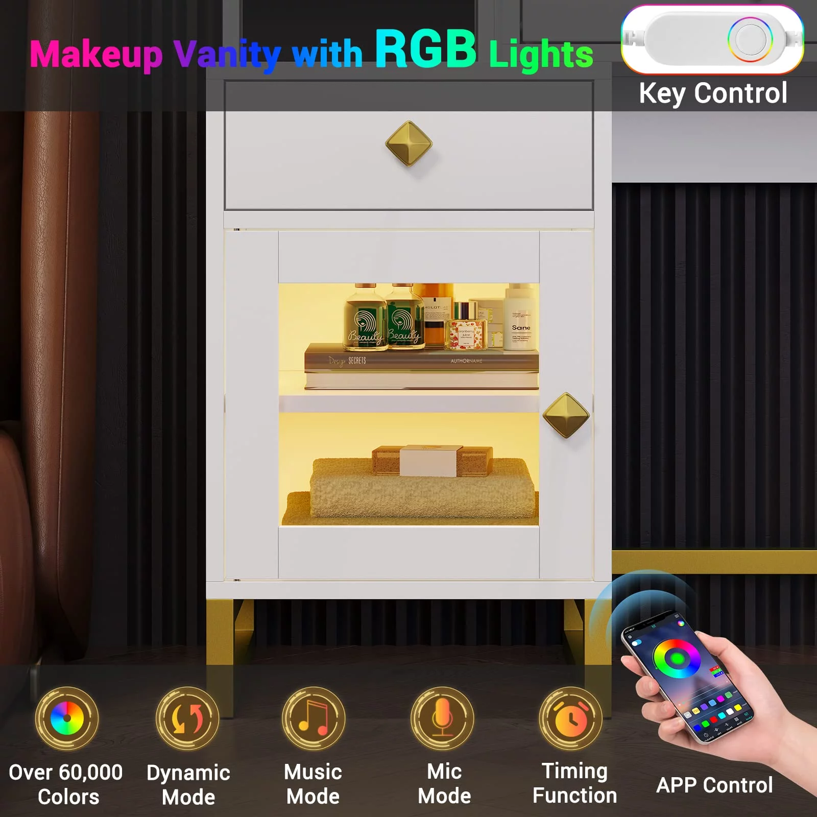 Makeup Vanity Desk with Lighted LED Mirror & Charging Station, Large LED Vanity Desk Dressing Table with 3 Drawers&RGB Cabinet&Nightstand for Women Girls, White&Gold