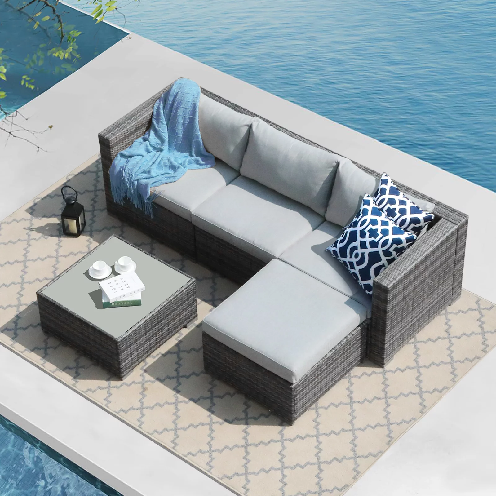 JOIVI 5 Pieces Outdoor Patio Furniture Set, All Weather PE Gray Wicker Rattan Sectional Furniture Set with Coffee Table, Light Gray