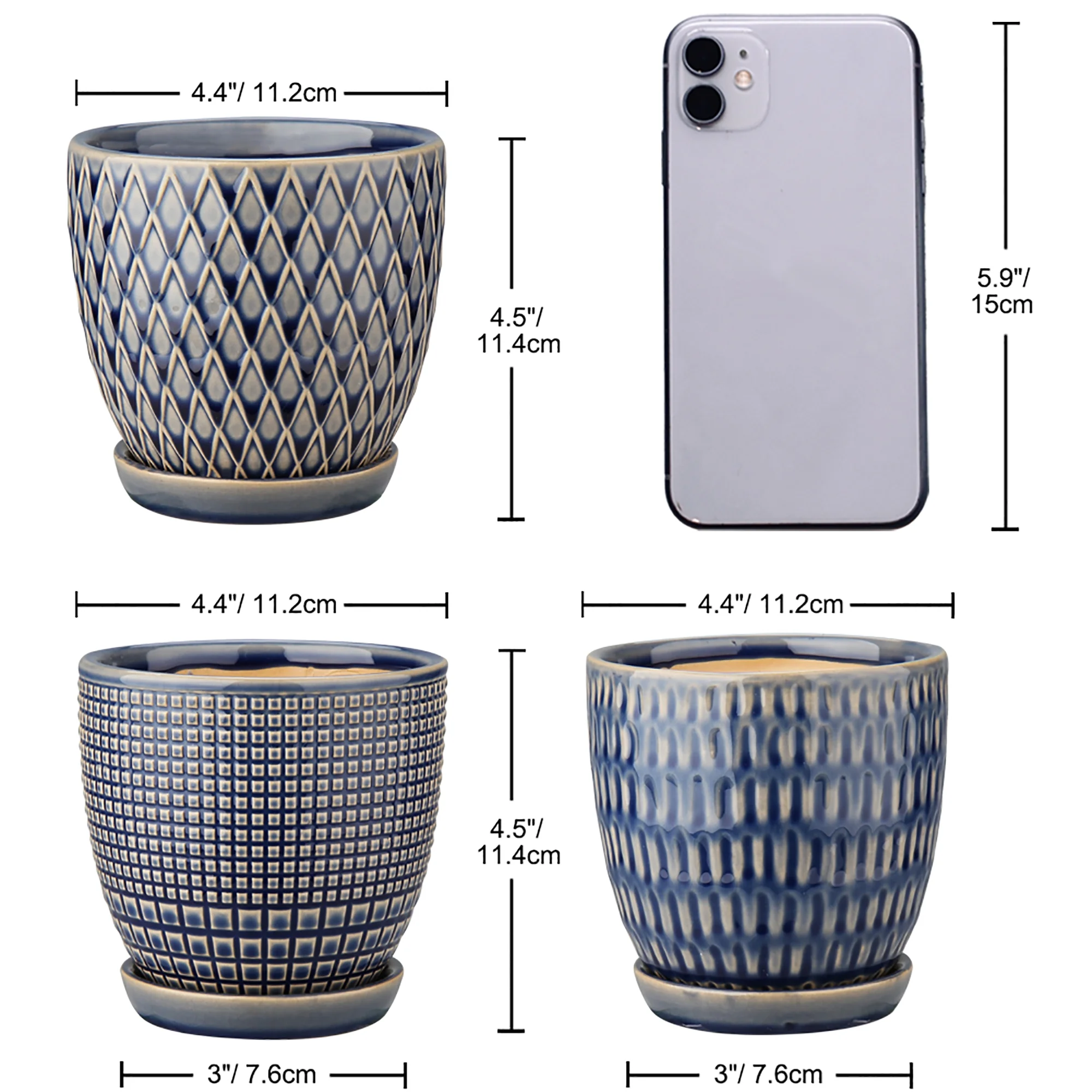 3 Pcs Ceramic Flower Planter Pots 4 Inch with Drainage Hole and Ceramic Tray for Succulents Cactus Indoor Outdoor Garden Home Windowsill Blue