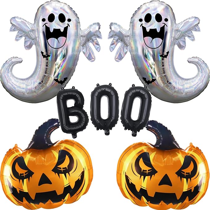 7pcs Halloween Balloons, Huge BOO Ghost Pumpkin Aluminum Foil Balloons for Birthday, Baby Shower, Halloween Party Decorations Supplies