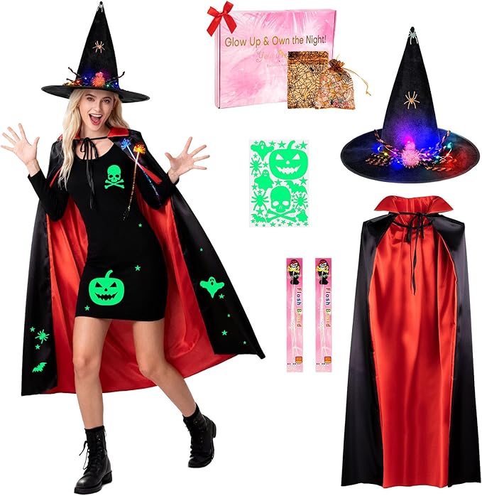 Light-Up Halloween Bundle costumes,Glow Spider Witch hats & Cape, Night Glow Decals, LED Hair Clips, Halloween Candy Bag & Gift Box for Spook Night Witch