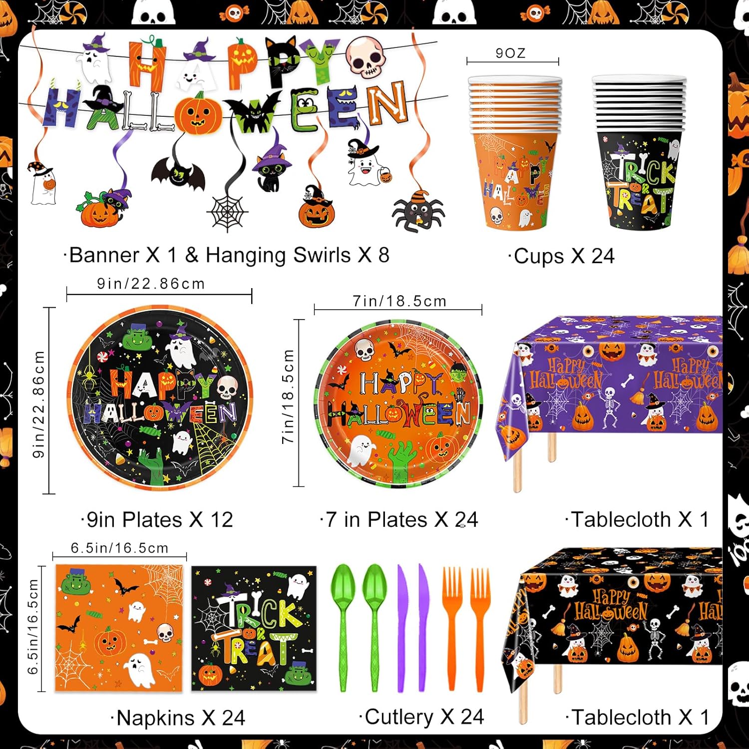179 PCS Halloween Party Supplies - Plates, Napkins, Cups, Banner, Hanging Swirls, Tablecloth for Halloween Birthday Baby Shower Decorations, Serves 24