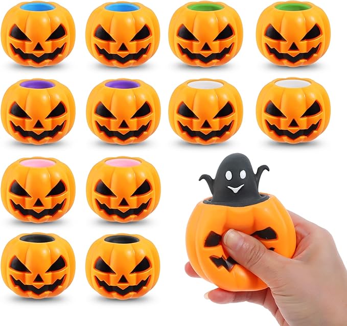 BILLMOSS Halloween Pumpkin Squishy Toys - 12PCS 6 Colors Stress Relief Ghost Toy for Trick or Treat Party Suppliers Party Favors Halloween Goodie Bag Fillers for Kids Adults