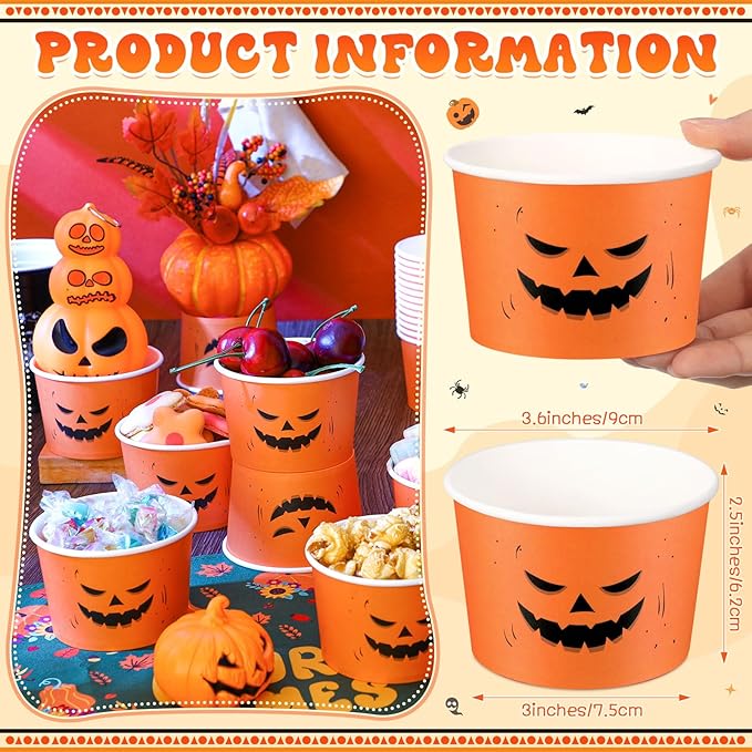 50 Pack 9 oz Halloween Disposable Paper Cups Pumpkin Face Disposable Soup Bowls Paper Cups Halloween Party Supplies for Dessert Hot or Cold Food