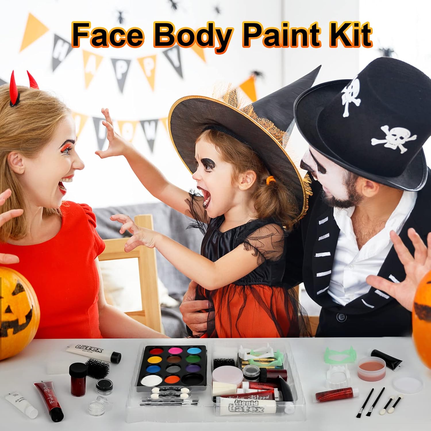 Halloween Makeup - Halloween Family Face Painting Kit Face Body Paint for Adult and Kids, All in 1 Halloween Makeup Set Face Paint with Fake Blood for Halloween Party Supplies