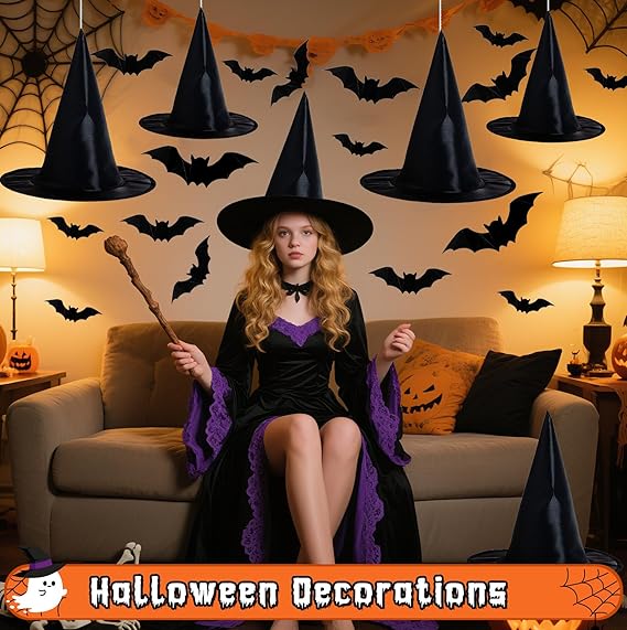 Halloween Decorations Outdoor Indoor - 8PCS Witch Hats & 32PCS 3D Bats Decoration, Witch Hat, Witches Hat, Halloween Decor for Party Favors, Party Supplies, Porch Decor