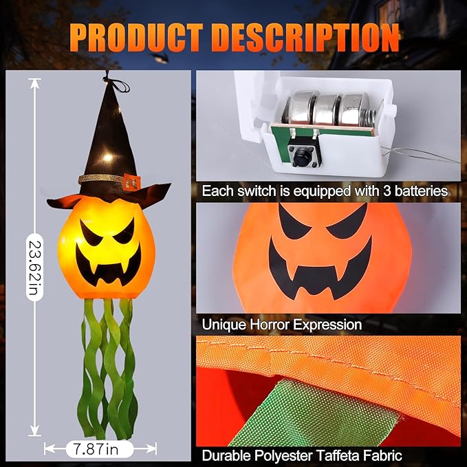 Halloween Decorations Outdoor Decor Hanging Lighted Glowing Pumpkin Witch Hat with 3 Modes Lighted Up Scary Orange Halloween Decorations for Indoor Outside Party Yard Tree Garden (4Pcs)