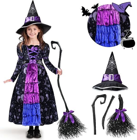 Spooktacular Creations Halloween Child Girl Purple Witch Costume, Toddler Stars and Moon Witch Dress for Kids Halloween Party