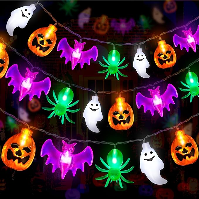 2 Pack Halloween Lights Outdoor Indoor Decorations Total 40FT 60 LED Pumpkin Bat Spider Halloween String Lights Battery Operated, 8 Modes Waterproof Cute Fairy Lights for Home Office Outside Decor