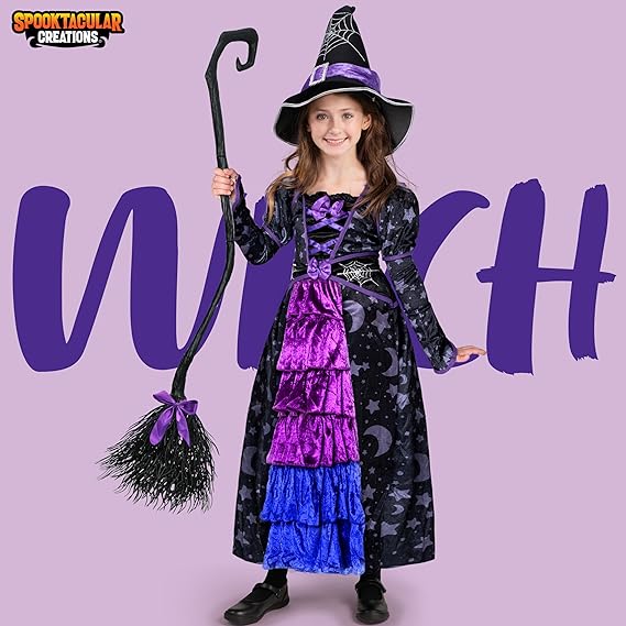 Spooktacular Creations Halloween Child Girl Purple Witch Costume, Toddler Stars and Moon Witch Dress for Kids Halloween Party