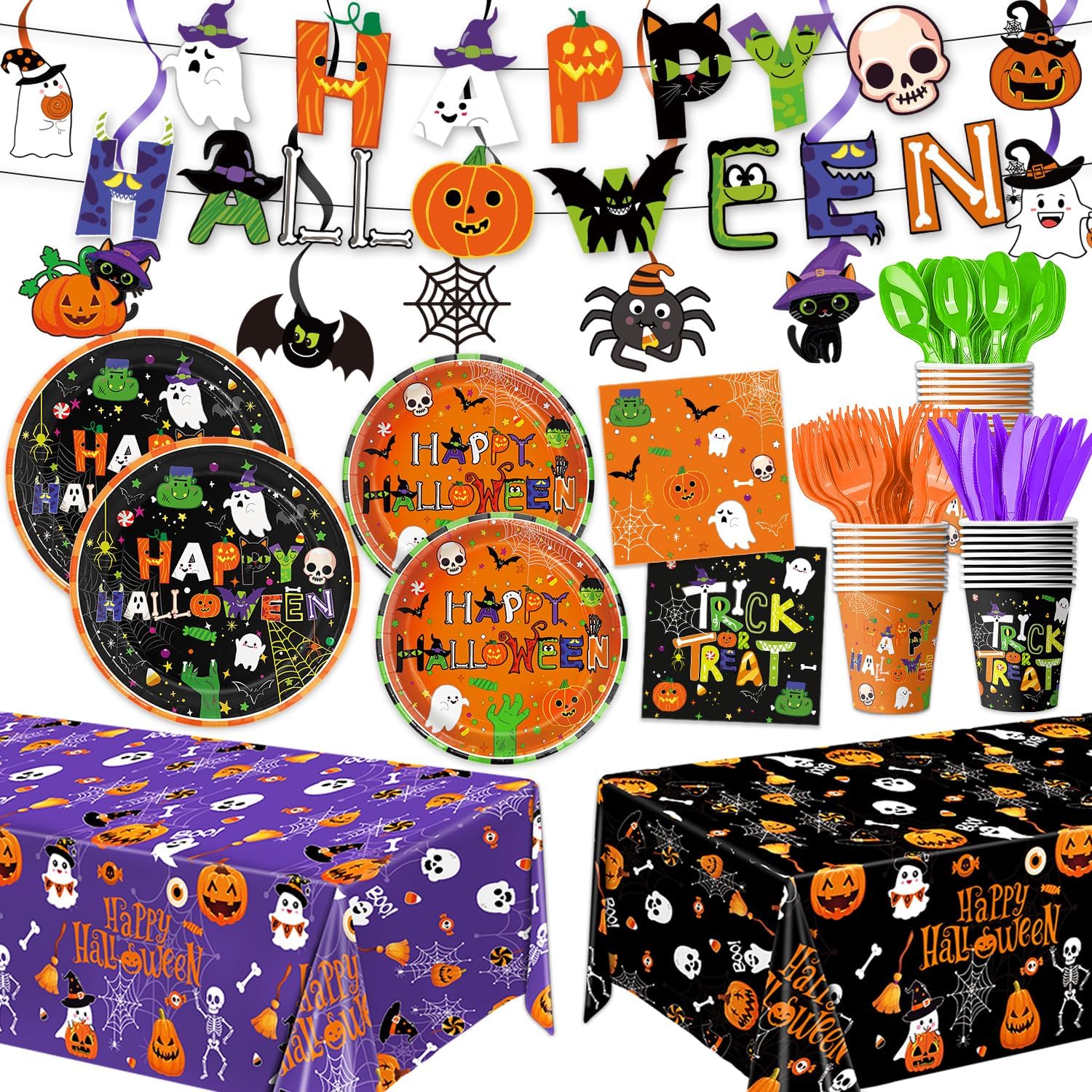 179 PCS Halloween Party Supplies - Plates, Napkins, Cups, Banner, Hanging Swirls, Tablecloth for Halloween Birthday Baby Shower Decorations, Serves 24