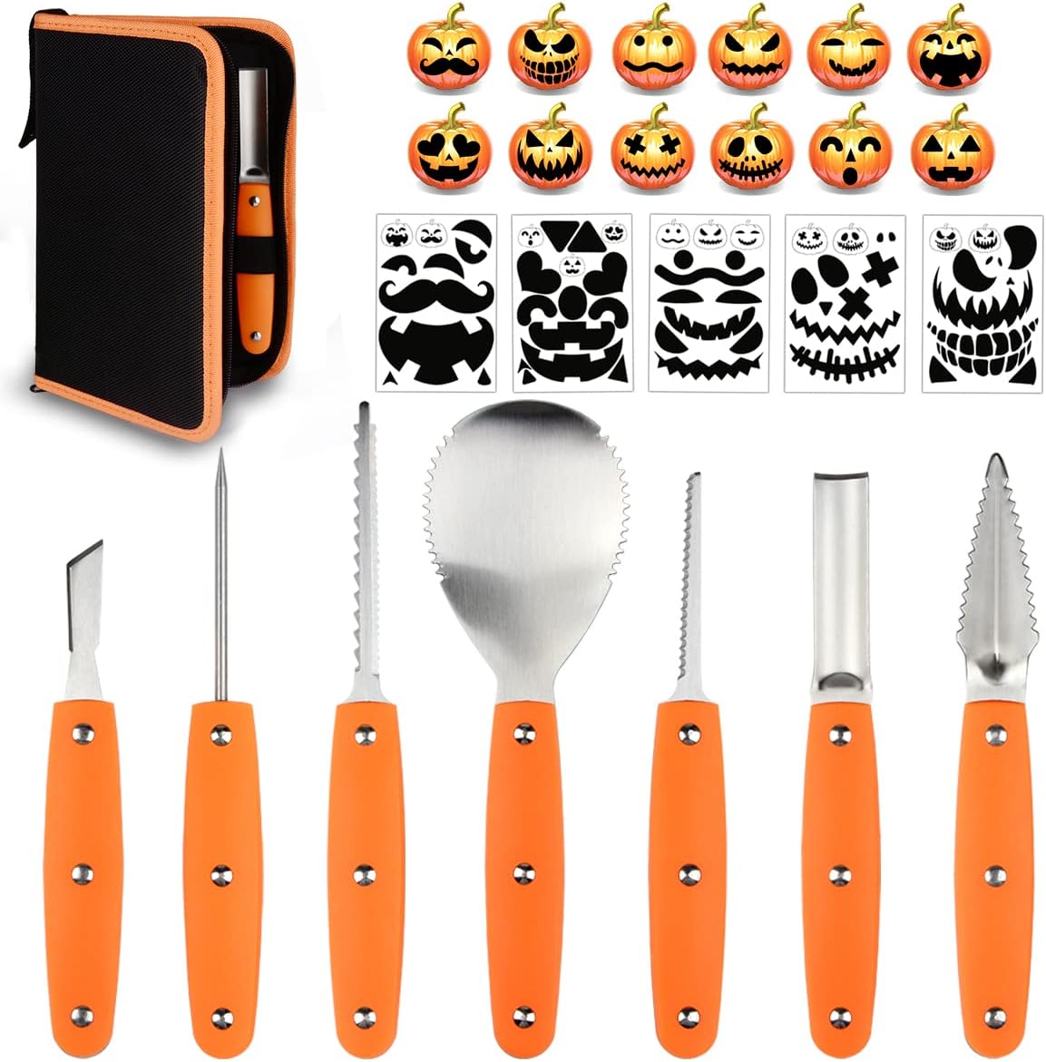 Halloween Pumpkin Carving Knives, Professional Heavy Duty Stainless Steel Punkin Carver Kit Tools with Carrying Case (7 piece set)