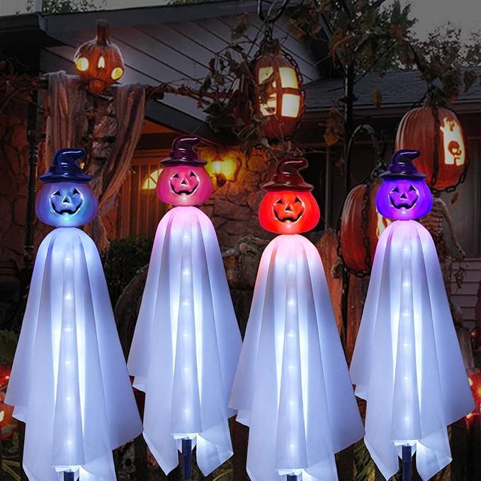 Homeleo Set of 4 Solar Pumpkin Ghost Lights for Halloween Decorations Outdoor, Light up Floating Scary Ghosts Pumpkins Witch Hat Stake Lights for Porch Yard Outside Pathway Halloween Party Decor