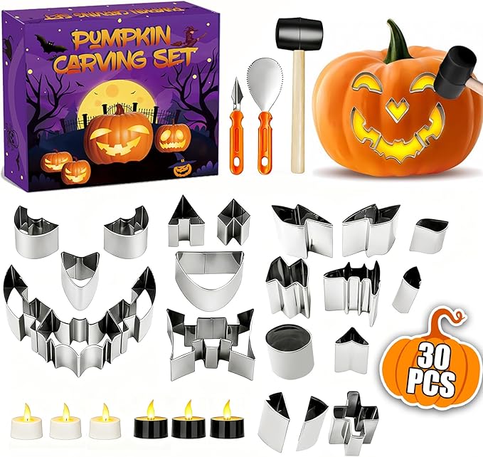 Pumpkin Carving Kit, 30 Pcs Safe and Easy Pumpkin Carving Tools for Kids Adults DIY, includes 21 Stainless Steel Pumpkin Carving Stencils, Gift for Halloween, with 3 Carving Tools & 6 Candle Lights