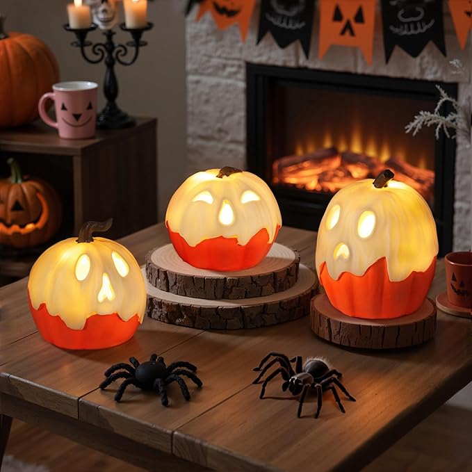 Halloween Decorations,Light Up Ghost Pumpkin Decorations Set of 3,Cute Halloween Decor Indoor for Kitchen Tabletop Mantel Party Home Decor