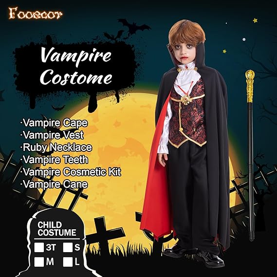 Fooecor Boys Vampire Costume - Scary Halloween Party, Teeth, Cane & Cosmetic Kit Included