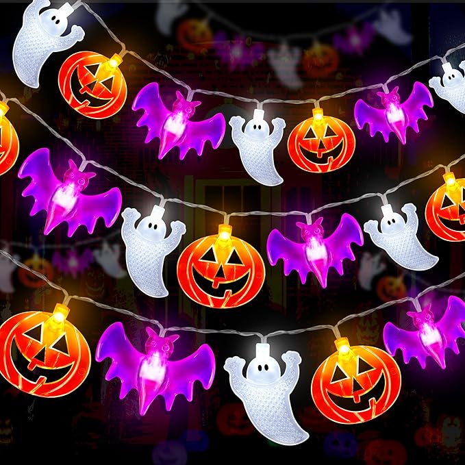 2 Pack Halloween Lights Outdoor Indoor Decorations Total 40FT 60 LED Pumpkin Bat Spider Halloween String Lights Battery Operated, 8 Modes Waterproof Cute Fairy Lights for Home Office Outside Decor