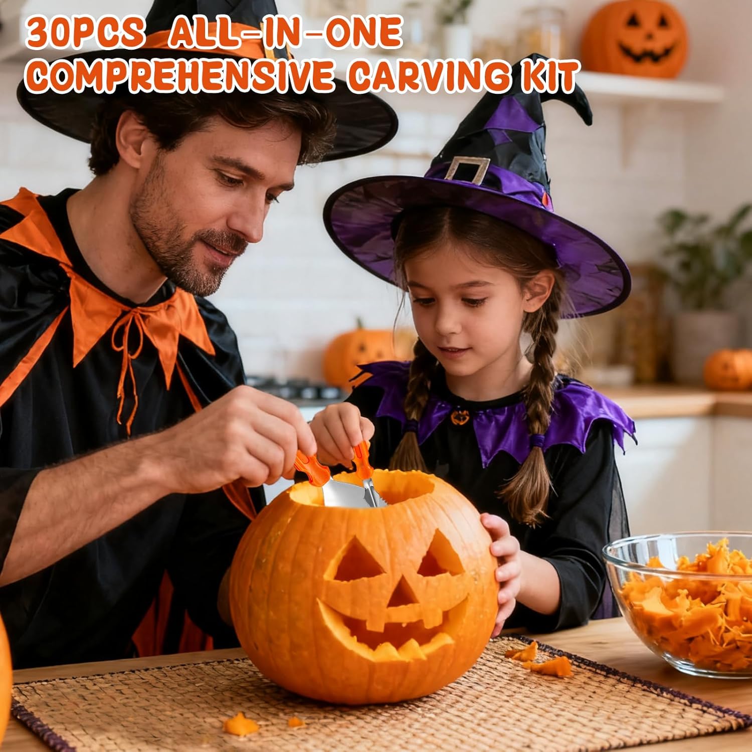Pumpkin Carving Kit, 30 Pcs Safe and Easy Pumpkin Carving Tools for Kids Adults DIY, includes 21 Stainless Steel Pumpkin Carving Stencils, Gift for Halloween, with 3 Carving Tools & 6 Candle Lights