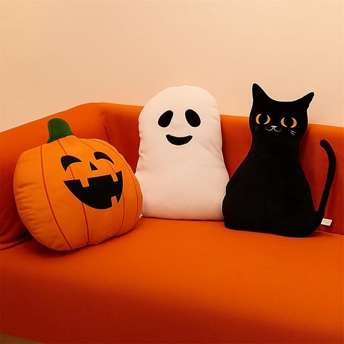 Percozzi Halloween Ghost Throw Pillow, Sofa Decorative Throw Pillow, Cuddly Pumpkin Black Cat Shaped Stuffed Pillow, Furry Spooky Ghost Plush Modern Home Decor