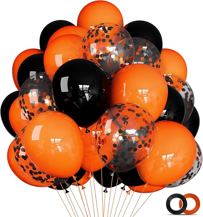 68Pcs Black and Orange Balloons, 12 inch Orange Black Latex Balloon Set with Confetti Ribbons Reusable, Fade-Resistant for Halloween, Graduation Spooky Party Decorations.