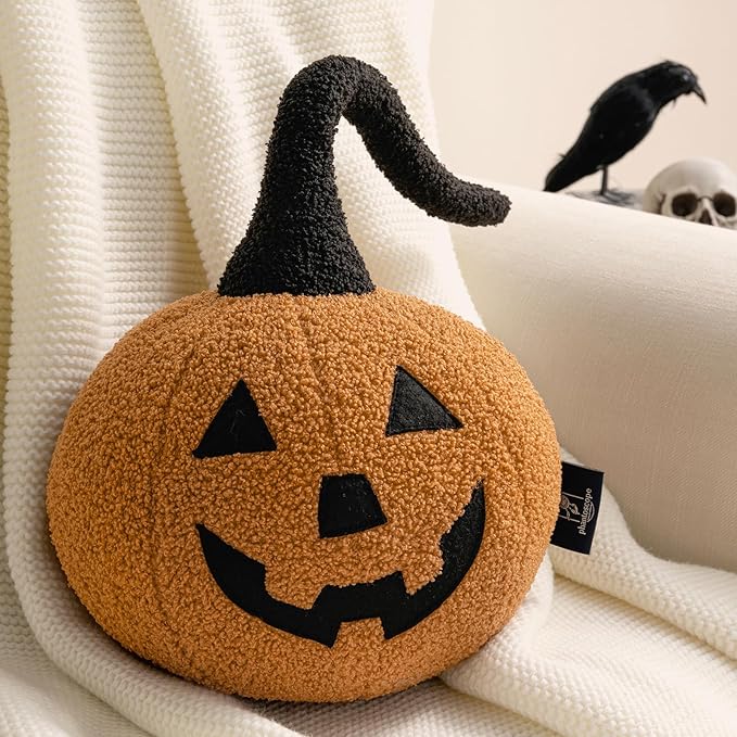 Phantoscope Happy Halloween Pumpkin Shaped Throw Pillow, Teddy Fleece Jack-o’-Lantern Pumpkin Pillow, Ultra Soft Sherpa Fall Decorative Halloween Cushion Pillow, Orange, 9.5 x 9.5 inches