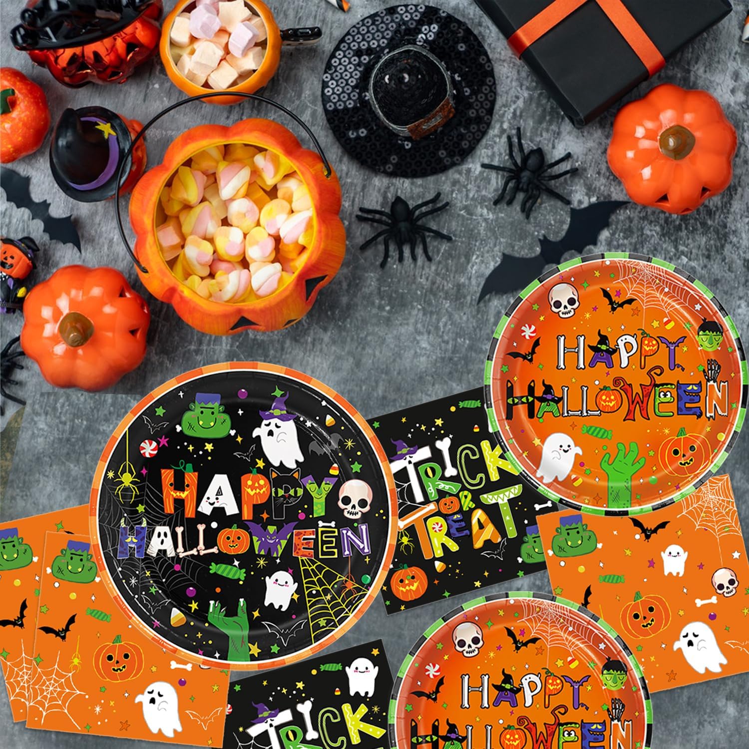 179 PCS Halloween Party Supplies - Plates, Napkins, Cups, Banner, Hanging Swirls, Tablecloth for Halloween Birthday Baby Shower Decorations, Serves 24