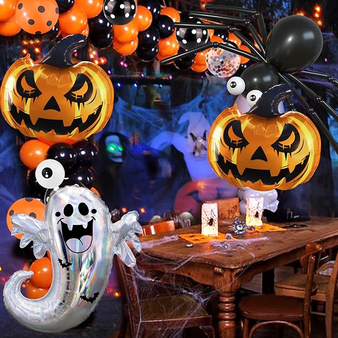 7pcs Halloween Balloons, Huge BOO Ghost Pumpkin Aluminum Foil Balloons for Birthday, Baby Shower, Halloween Party Decorations Supplies