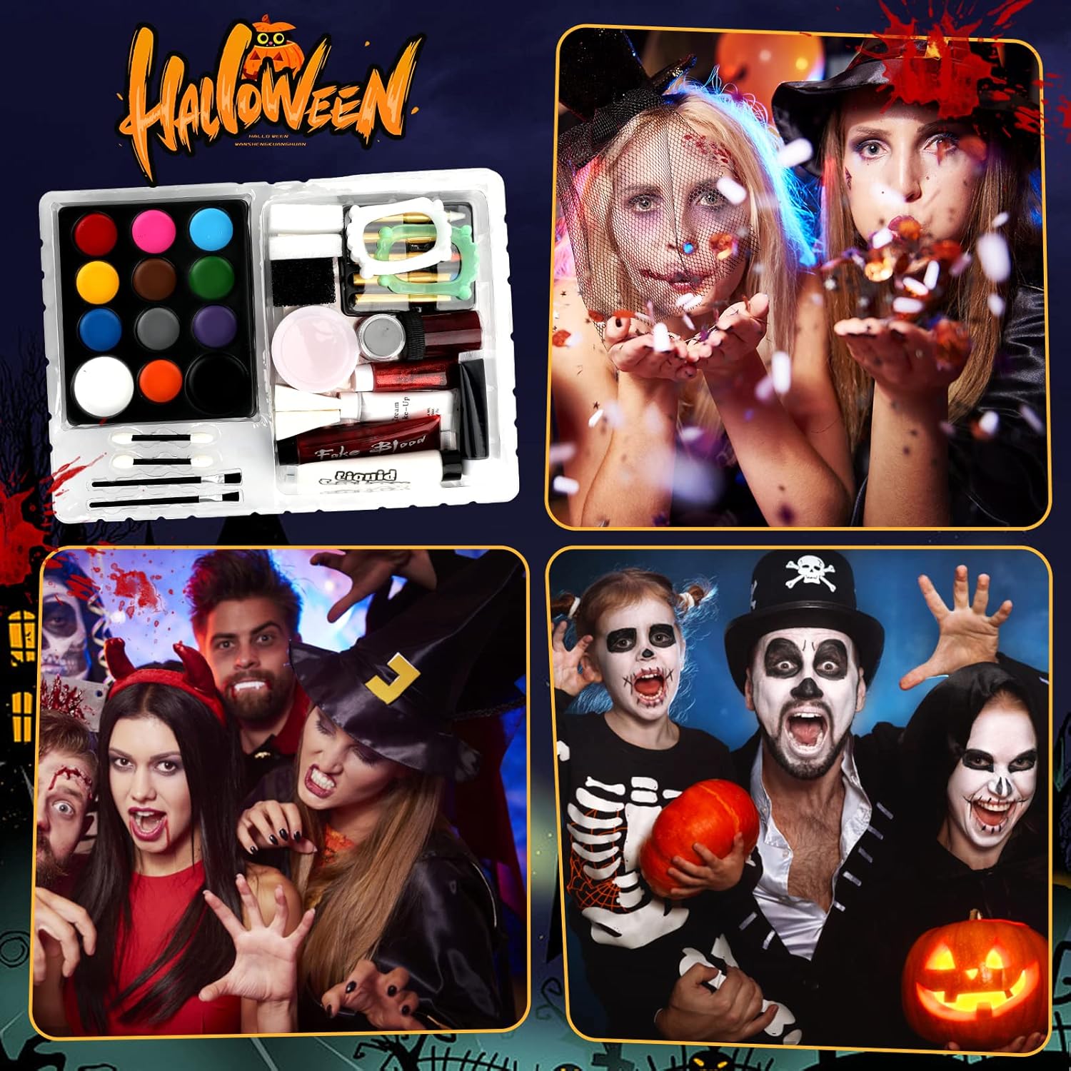 Halloween Makeup - Halloween Family Face Painting Kit Face Body Paint for Adult and Kids, All in 1 Halloween Makeup Set Face Paint with Fake Blood for Halloween Party Supplies