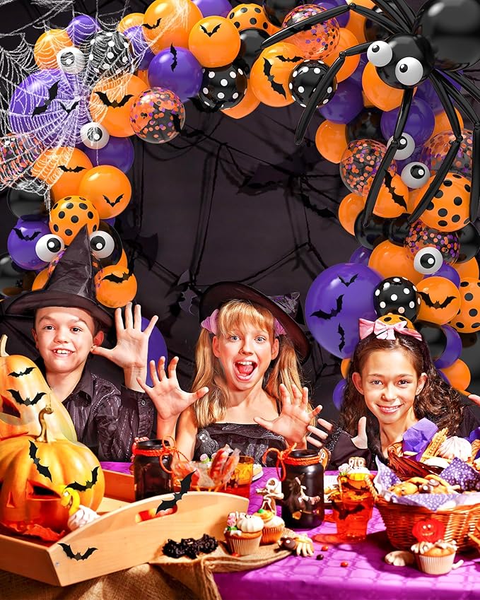 126 Pcs Halloween Balloon Garland Arch Kit, Eye Balloons with Spider Web, Bats, Purple Orange and Black Balloons for Halloween Birthday Supplies Halloween Party Decorations