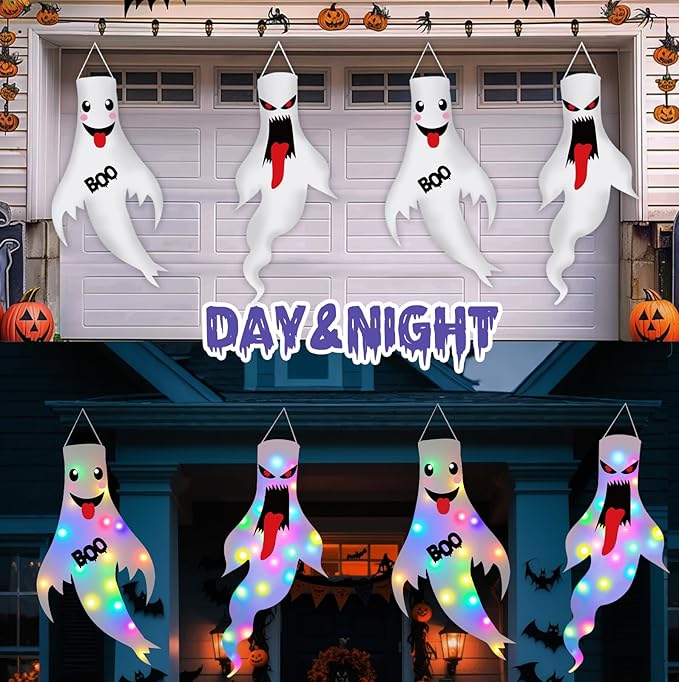 Halloween Decorations Outdoor Indoor, 2 Pack Light Up Ghost Decorations with LED Lights, Hanging Ghost Halloween Decor for Yard Porch Garden Lawn Party (1A-2Pack)