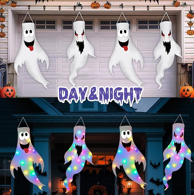 Halloween Decorations Outdoor Indoor, 2 Pack Light Up Ghost Decorations with LED Lights, Hanging Ghost Halloween Decor for Yard Porch Garden Lawn Party (1A-2Pack)