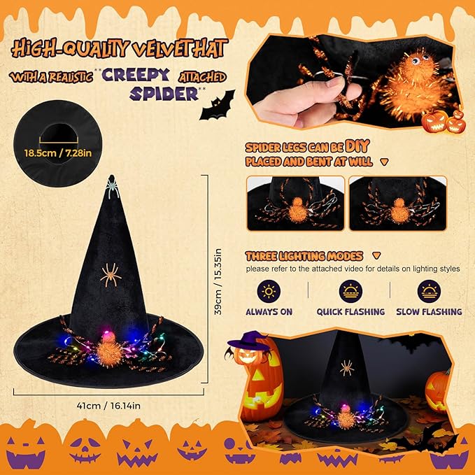 Light-Up Halloween Bundle costumes,Glow Spider Witch hats & Cape, Night Glow Decals, LED Hair Clips, Halloween Candy Bag & Gift Box for Spook Night Witch