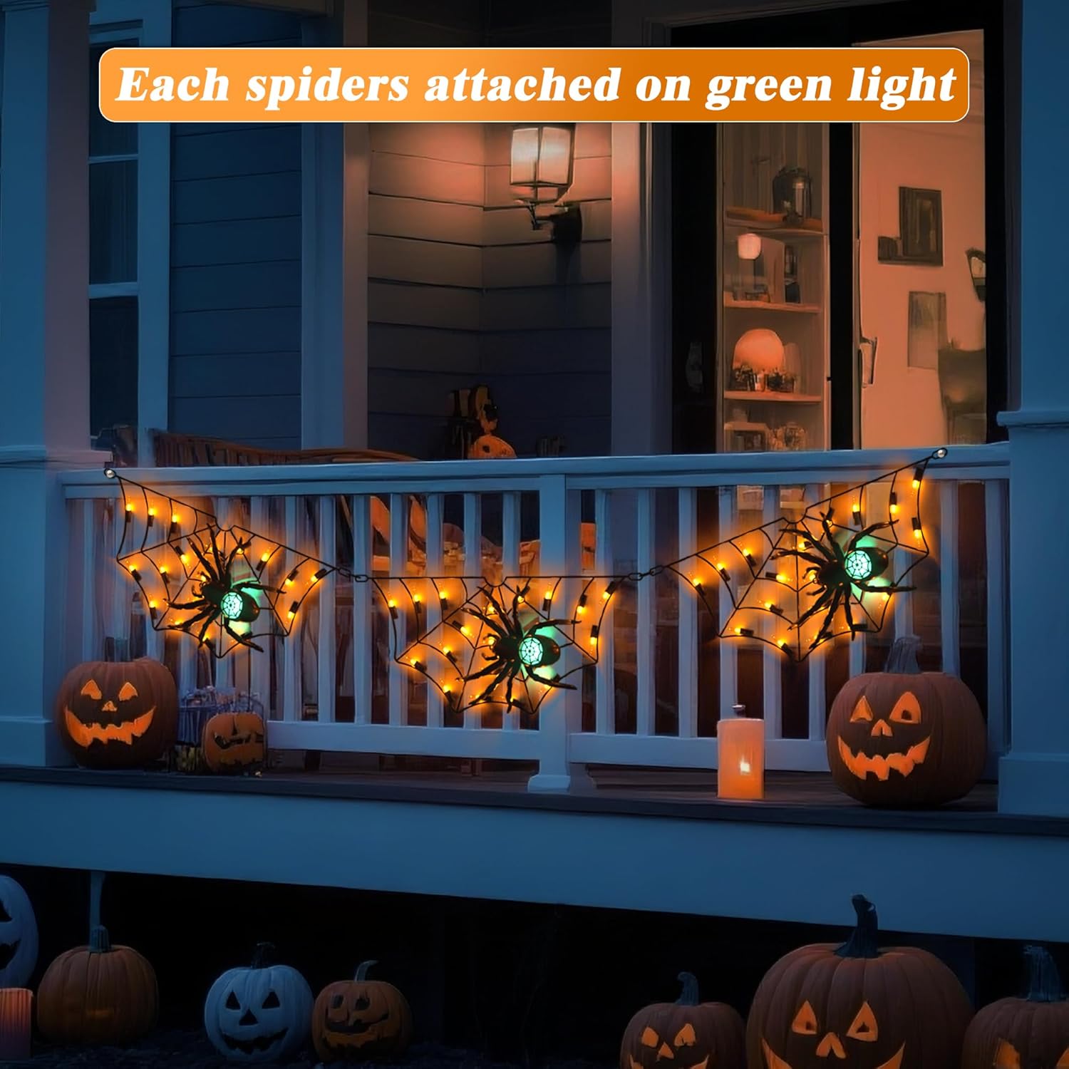 Halloween Decorations Spider Web Lights - 52.8 Inch/4.4 ft Connected Cobweb with Scary Spiders, 54 Orange & 3 Green LEDs, Timer Function, Lighted Spider Nets for Indoor Ourdoor Yard Patio