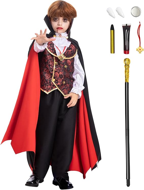Fooecor Boys Vampire Costume - Scary Halloween Party, Teeth, Cane & Cosmetic Kit Included