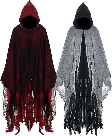 Geyoga 2 Pcs Halloween Horror Grim Reaper Costume Scary Cloak Medieval Renaissance Gothic Wizard Robe Men Women Hooded Cape