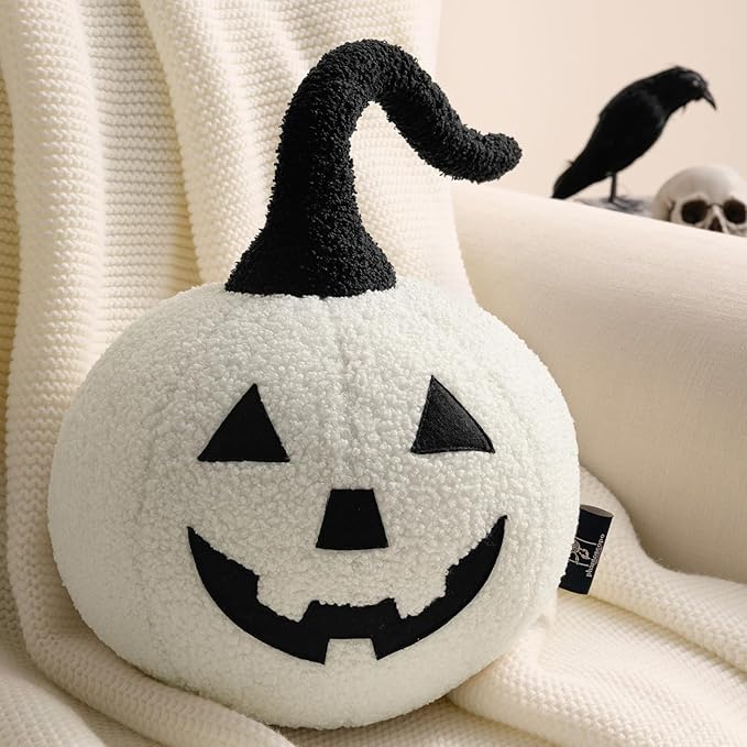 Phantoscope Happy Halloween Pumpkin Shaped Throw Pillow, Teddy Fleece Jack-o’-Lantern Pumpkin Pillow, Ultra Soft Sherpa Fall Decorative Halloween Cushion Pillow, Orange, 9.5 x 9.5 inches