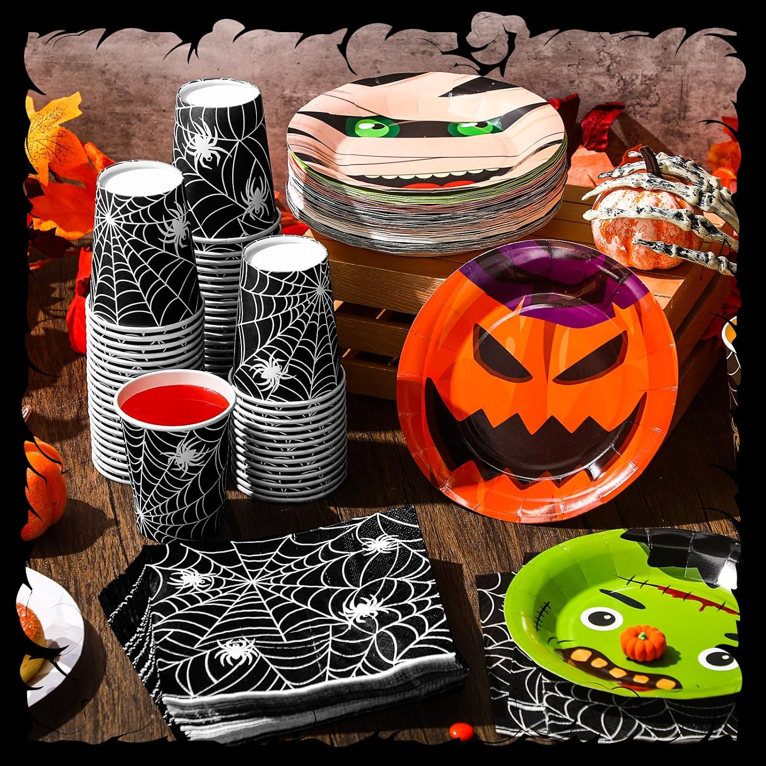 240 Pcs Halloween Party Supplies Include Dinner Plates Dessert Plates Spider Web Paper Cups, Napkins Black Cat Pumpkin Ghost Vampire Disposable Tableware Set for Halloween Party Decoration