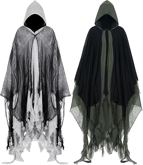 Geyoga 2 Pcs Halloween Horror Grim Reaper Costume Scary Cloak Medieval Renaissance Gothic Wizard Robe Men Women Hooded Cape